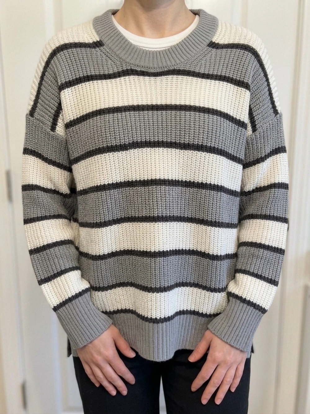 SO Striped Crewneck Sweater in Gray, Cream & Black